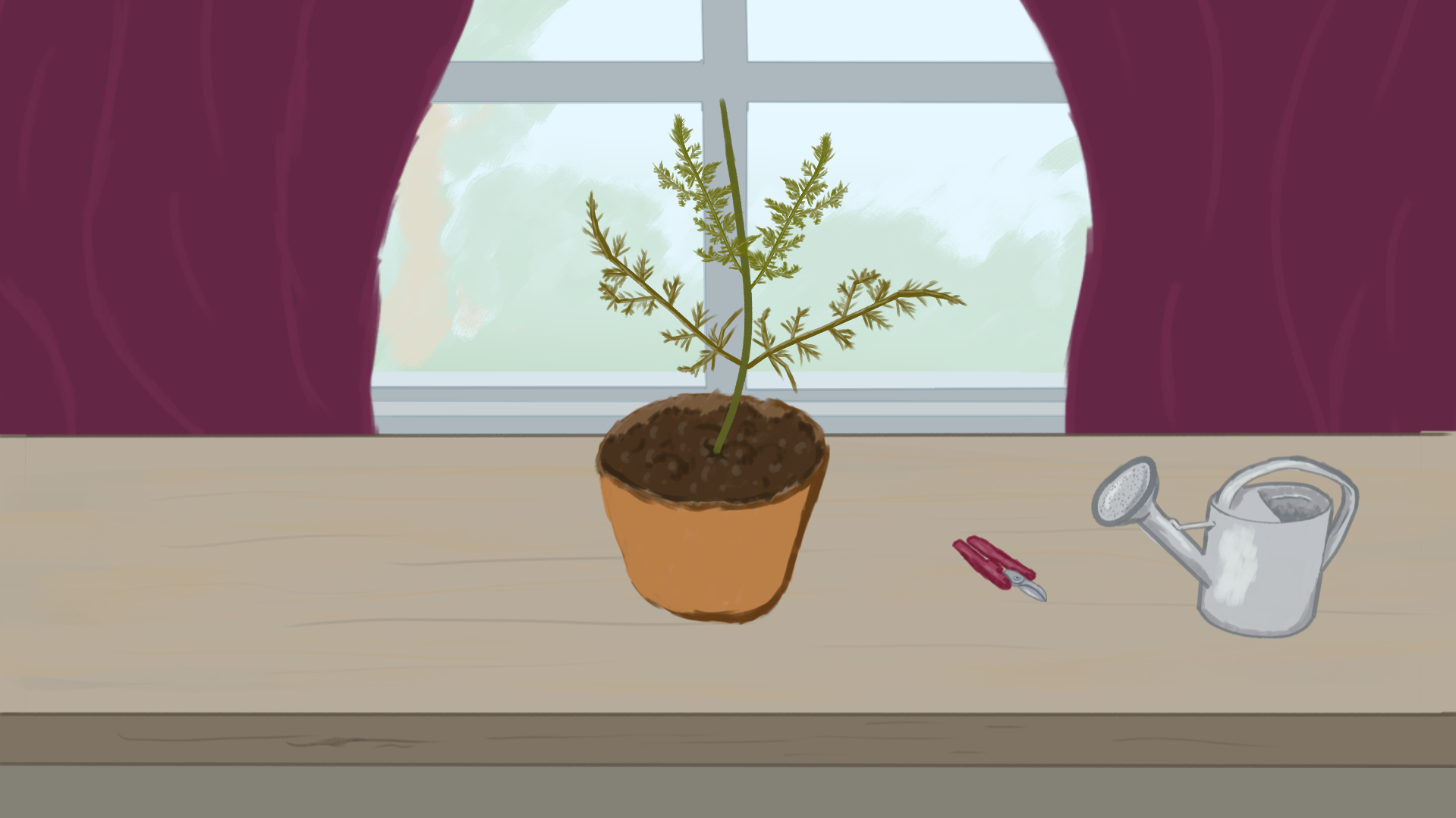 A screenshot of a game in a handdrawn style featuring a wooden
    table in front of a window with purple curtains to the sides. In the
    center on the table is a slender green potted plant. To the right,
    there is a purple pair of plant scissors and a metallic watering can.